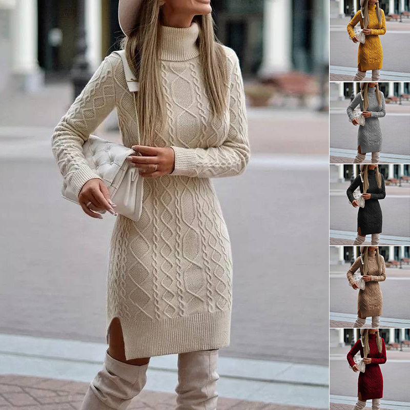 Knitted Turtleneck Dress W/ Slit