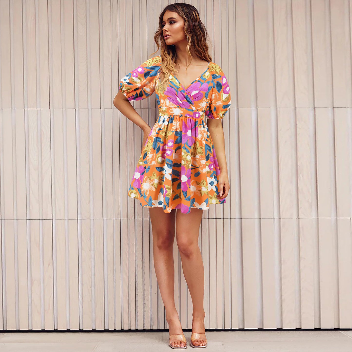 Printed V-Neck  Beach  Dress