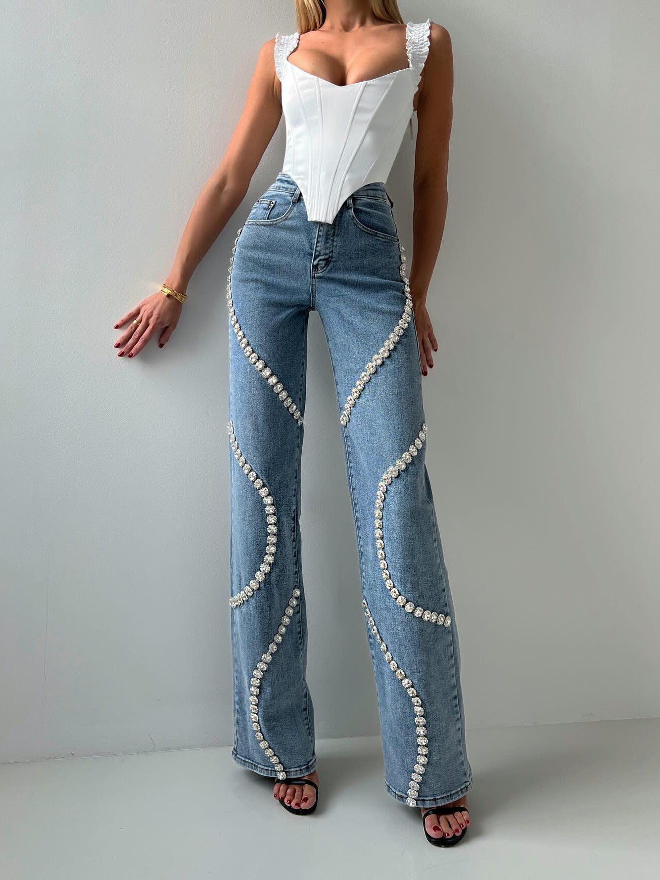 Straight Leg Rhinestone Denim Pants