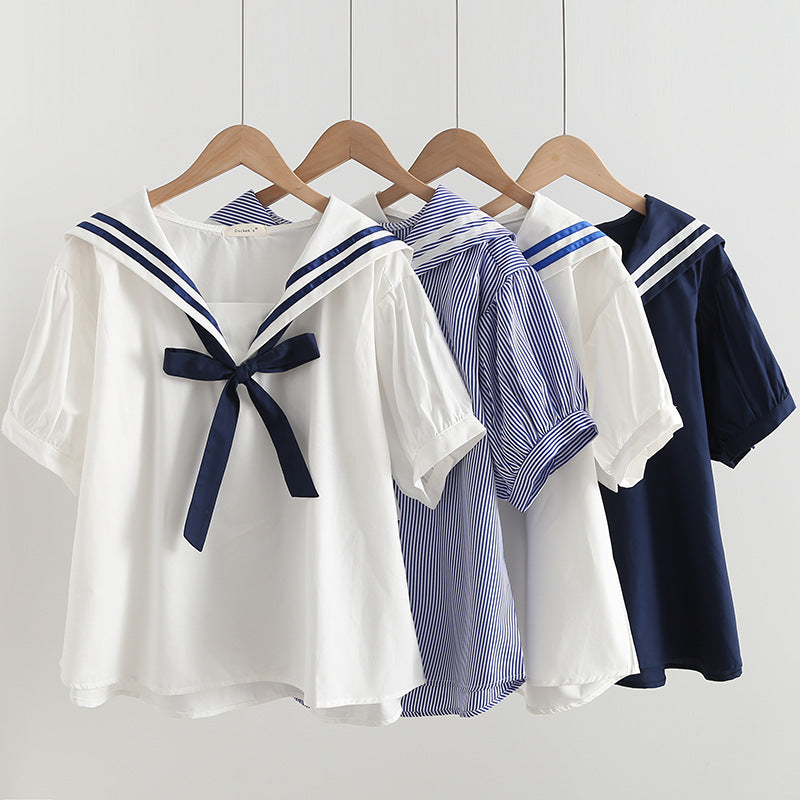 Elegant Cotton Pullover Sailor Collar Shirt