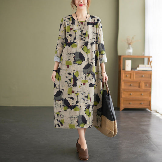 Vintage Linen Floral Print Dress