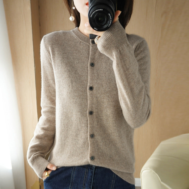 Backed Round Neck Knitted Cardigan For Women