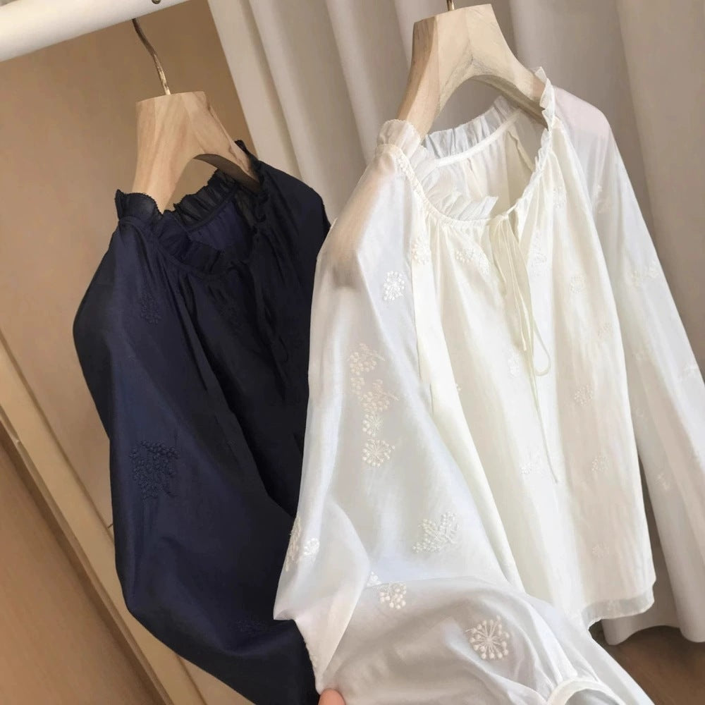 French Retro Lantern Sleeves Slimming Embroidered Women's Shirt