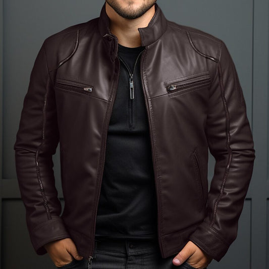 Stand Collar Motorcycle Leather Jacket For Men