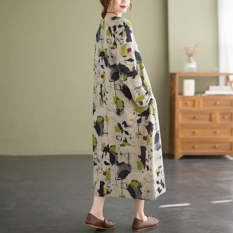 Vintage Linen Floral Print Dress