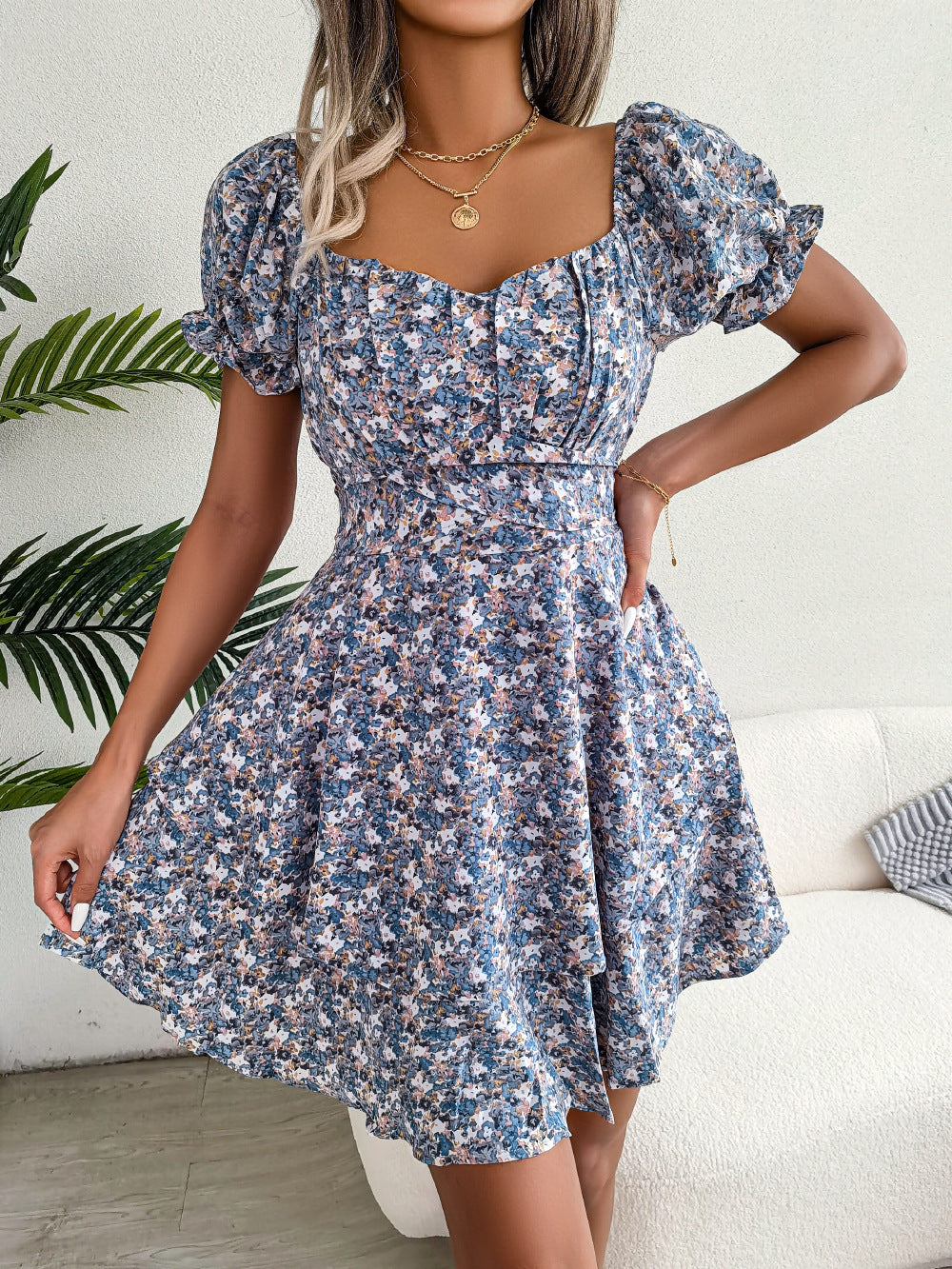 Ladies Floral Shirring Dress