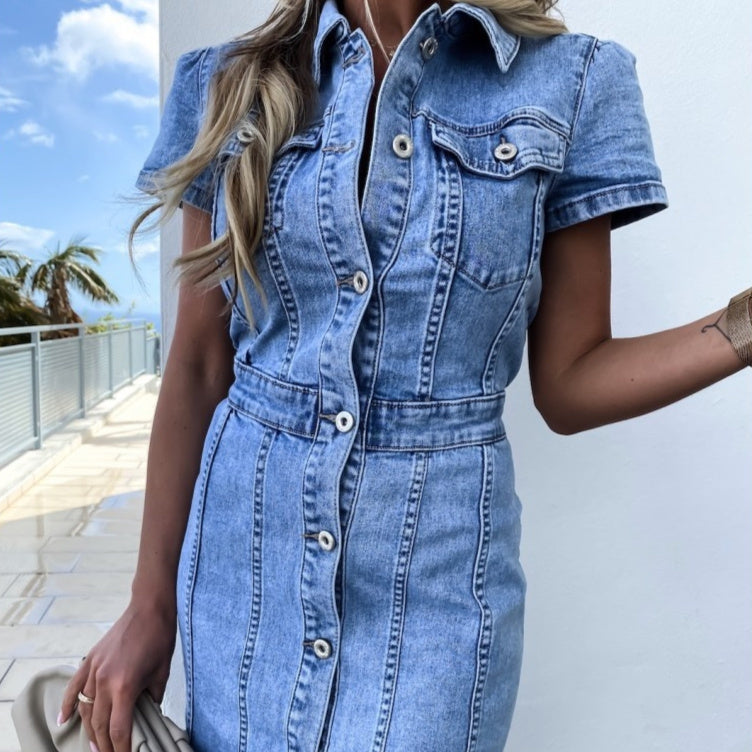 Retro Stretch Mid Length Single-breasted Denim Dress