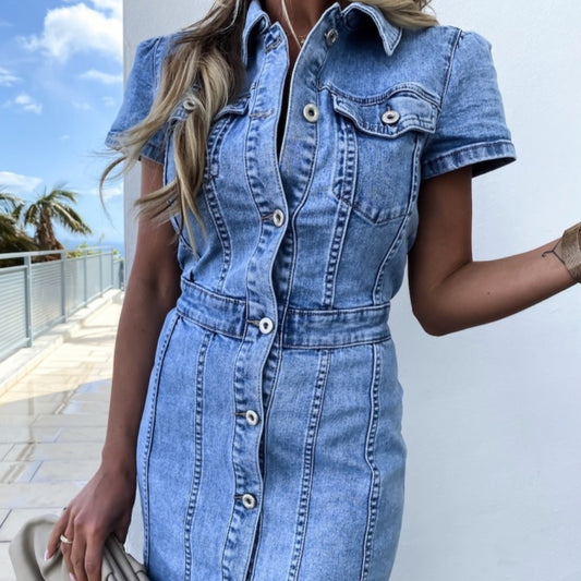 Retro Stretch Mid Length Single-breasted Denim Dress