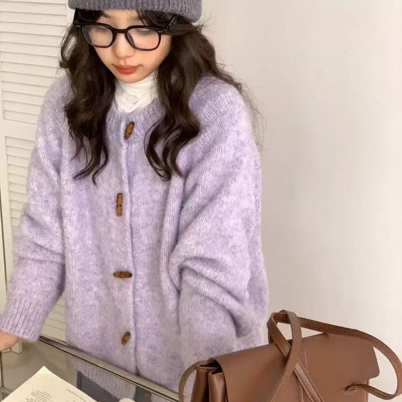 Loose Soft Cover Horn Button Knitted Cardigan For Women