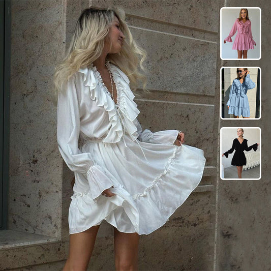 V-Neck  Ruffled Sleeve Dress
