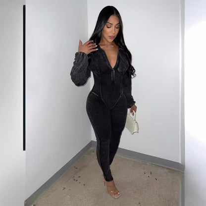 Women's Distressed  V Tight  Jumpsuit