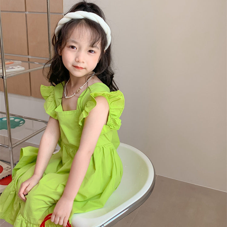 Girls Flounced Sleeve Ruffles Bow Dress