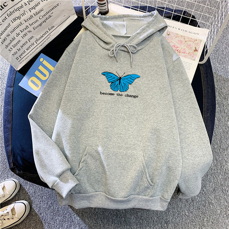 Single Butterfly Autumn And Winter Loose Hoodie For Women