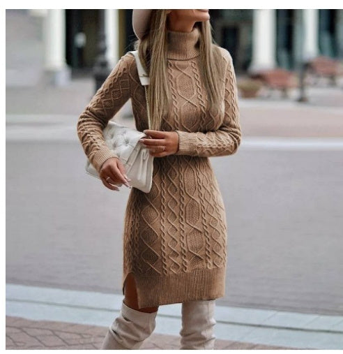 Knitted Turtleneck Dress W/ Slit