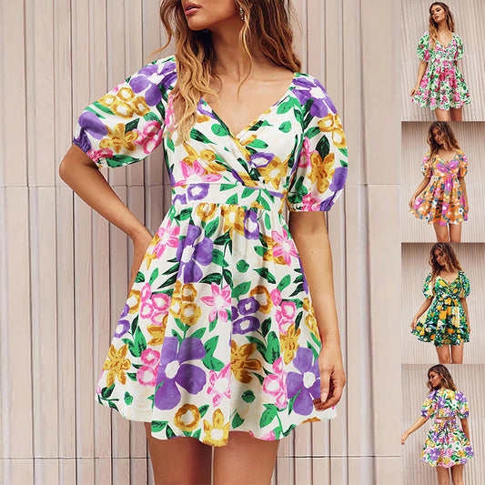 Printed V-Neck  Beach  Dress