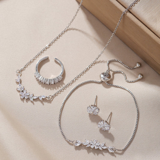 Exquisite Zircon Silver Flower Necklace Set