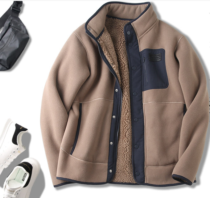 Fleece-Lined Thickened Stand Collar Pocket Jacket For Men