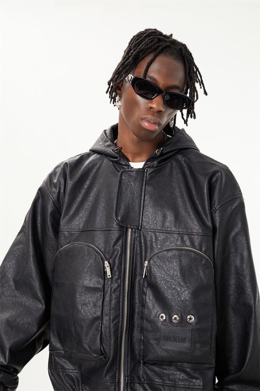 Men Hooded Leather Jacket