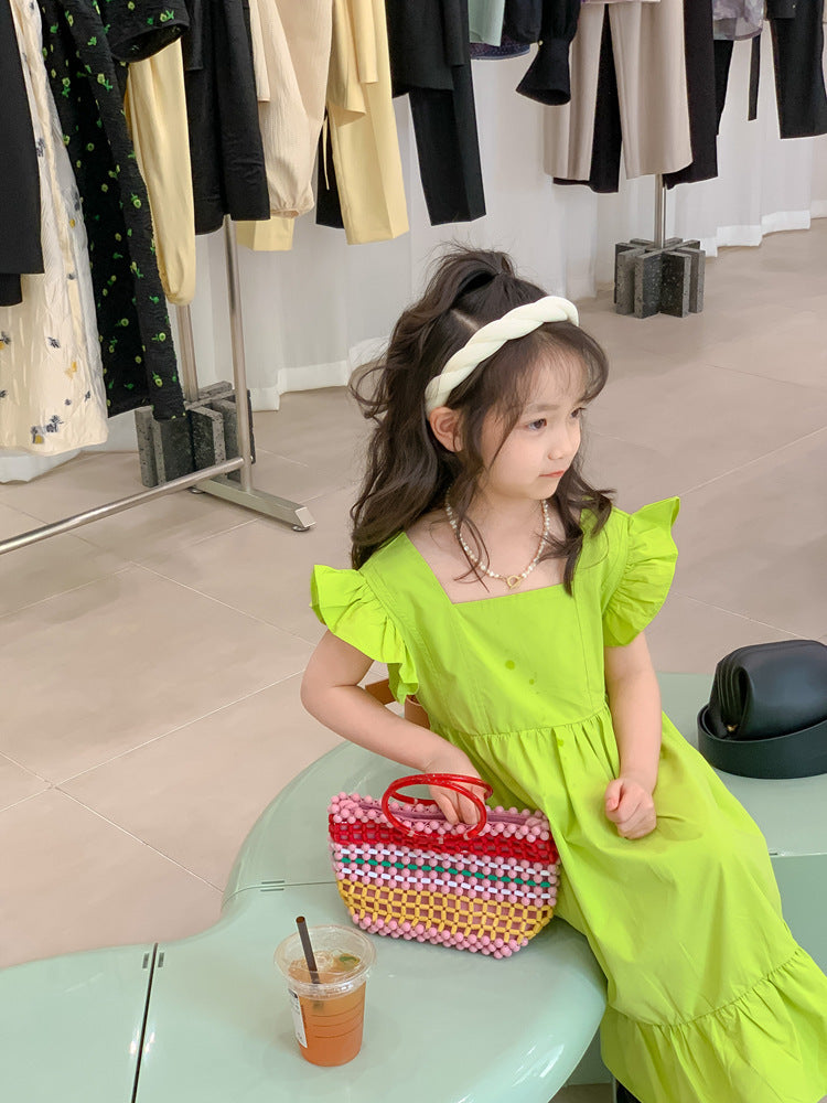 Girls Flounced Sleeve Ruffles Bow Dress