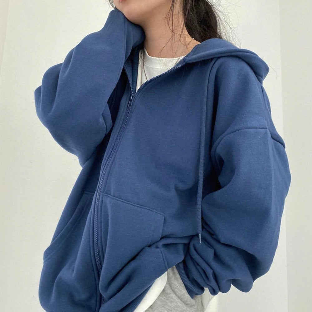 Loose Long Sleeve Zipper Pocket Hoodie For Women