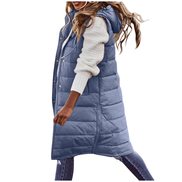 Solid Color Sleeveless Down Long Winter Jacket