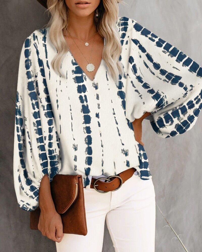 Printed Balloon Sleeve Blouse