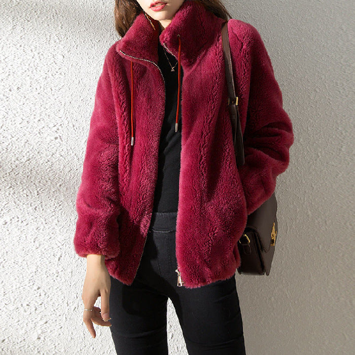 Double Faced Fleece High Neck Cardigan For Women