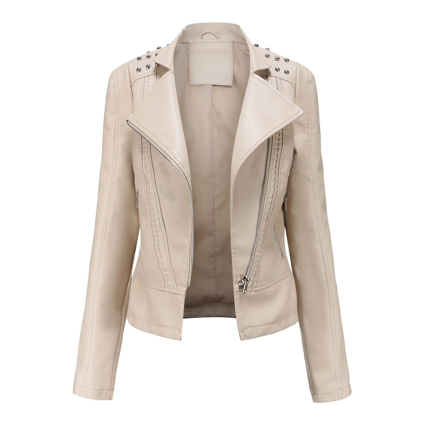 Beaded Leather Long-Sleeved Motorcycle Jacket