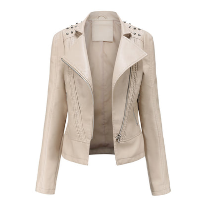 Beaded Leather Long-Sleeved Motorcycle Jacket