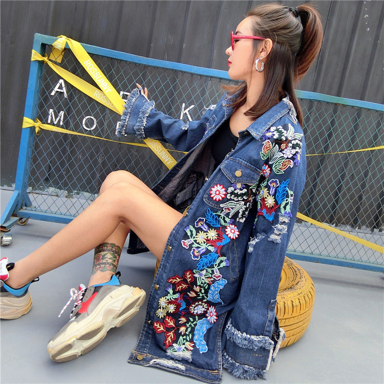 Embroidered Mid-length Denim Jacket
