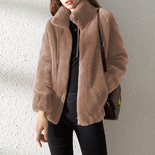 Double Faced Fleece High Neck Cardigan For Women