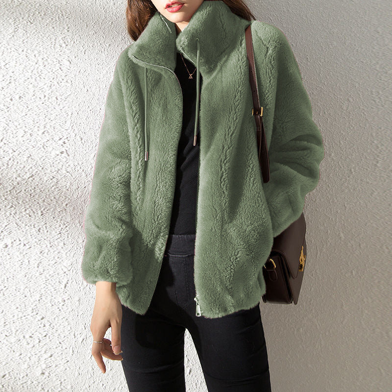 Double Faced Fleece High Neck Cardigan For Women