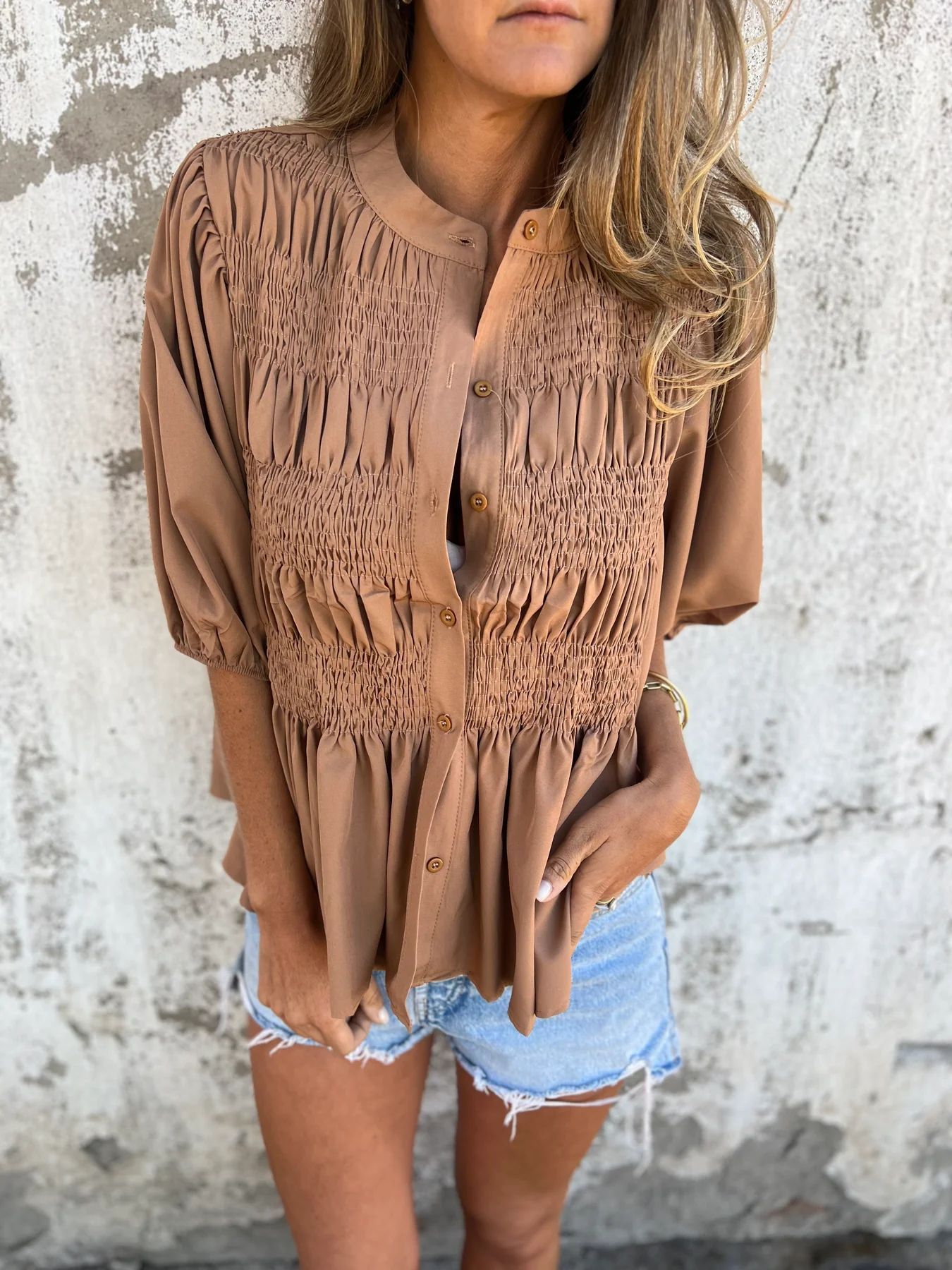Women's Pleated Button Shirt