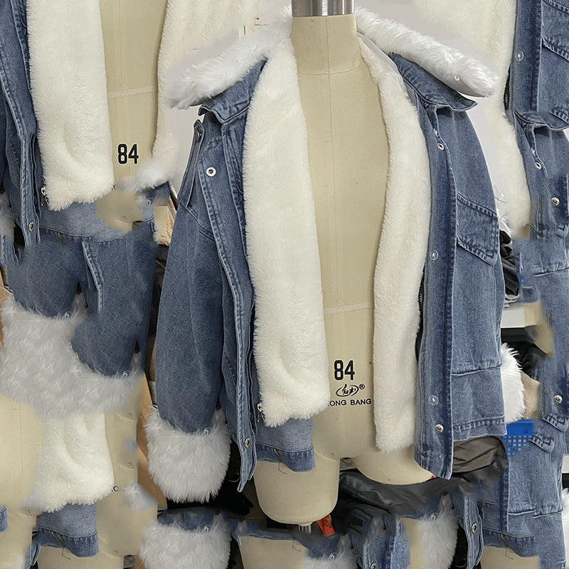 Stone Washed Denim Jacket w/ Integrated Fur