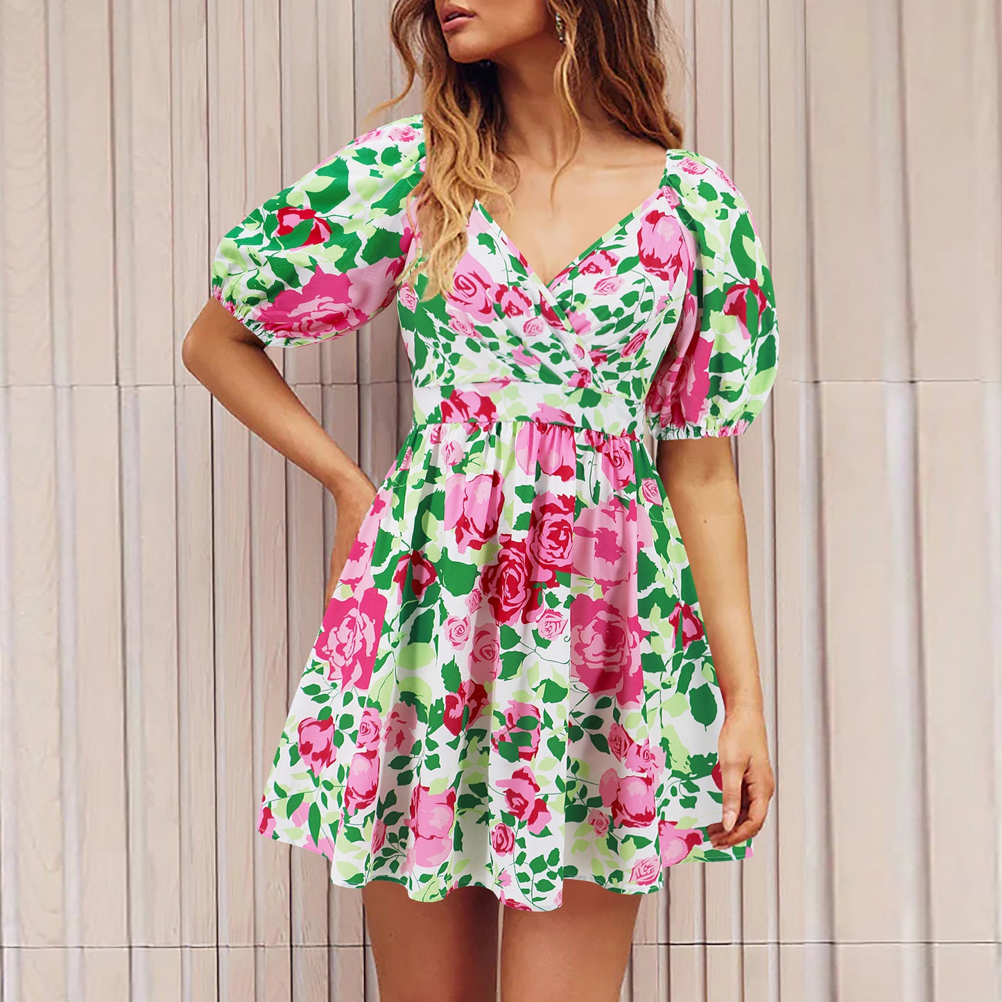 Printed V-Neck  Beach  Dress