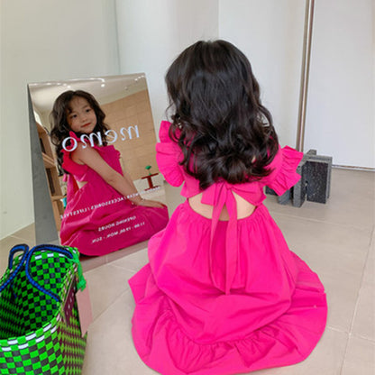 Girls Flounced Sleeve Ruffles Bow Dress