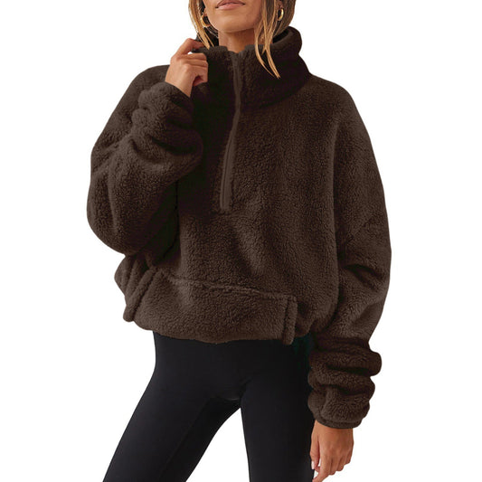 Velvet Fleece-Lined Half Zipped Stand Collar Hoodie For Women