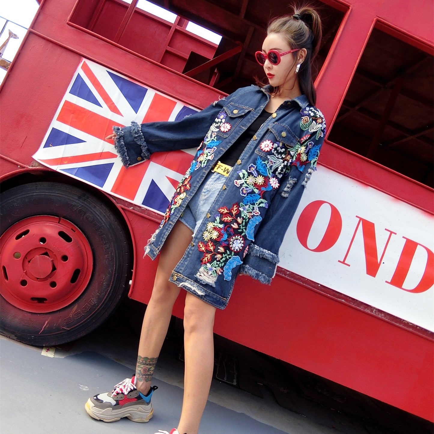 Embroidered Mid-length Denim Jacket