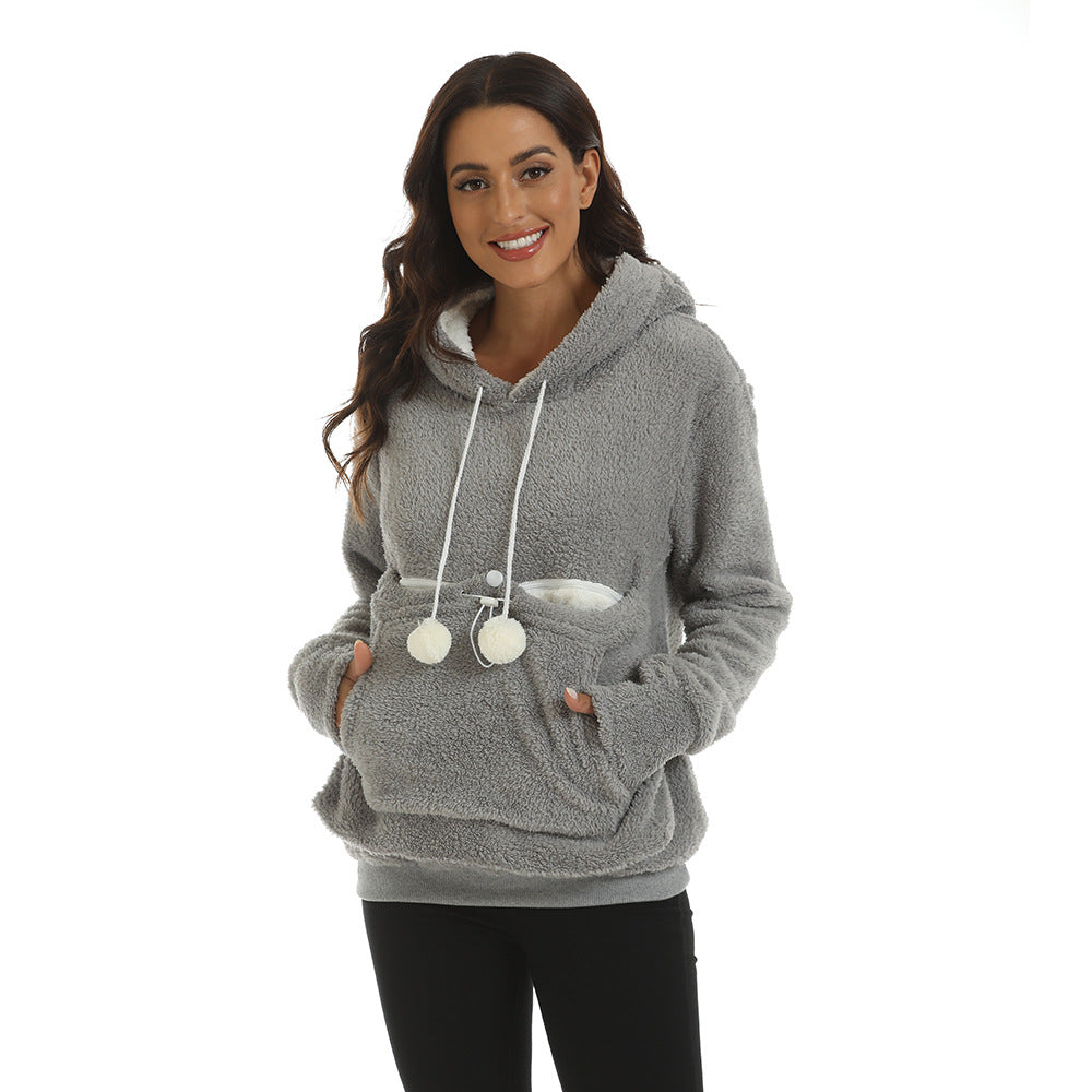 Large Pocket Solid Color Hoodie For Women