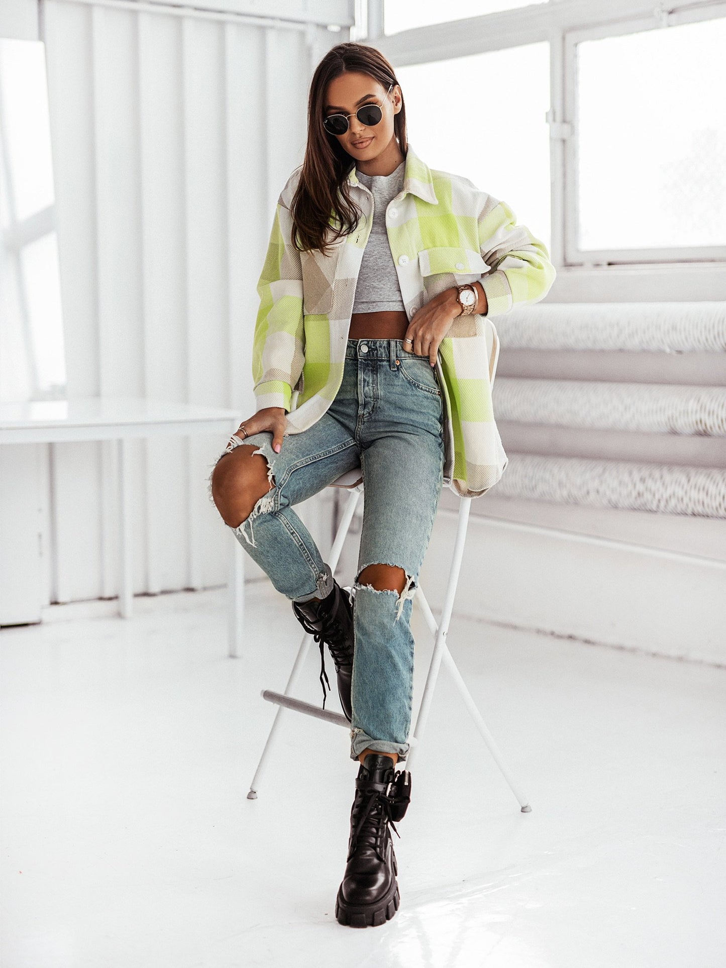 Women's Brushed Woolen Plaid Coat