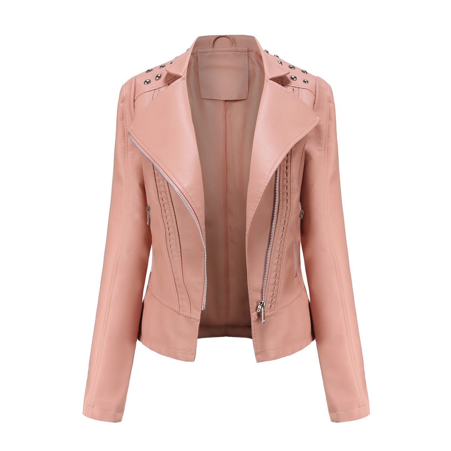 Beaded Leather Long-Sleeved Motorcycle Jacket