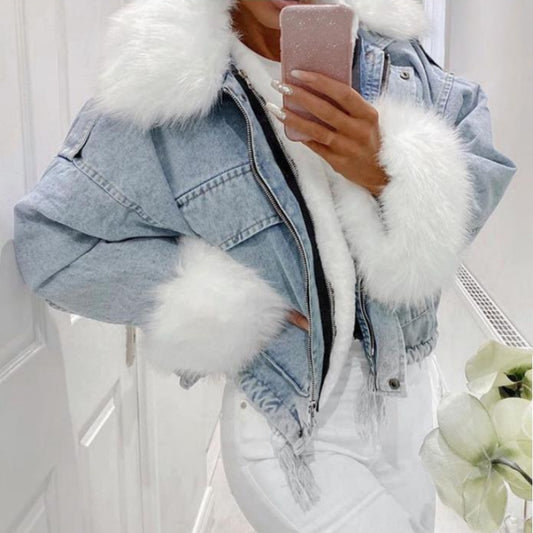 Stone Washed Denim Jacket w/ Integrated Fur