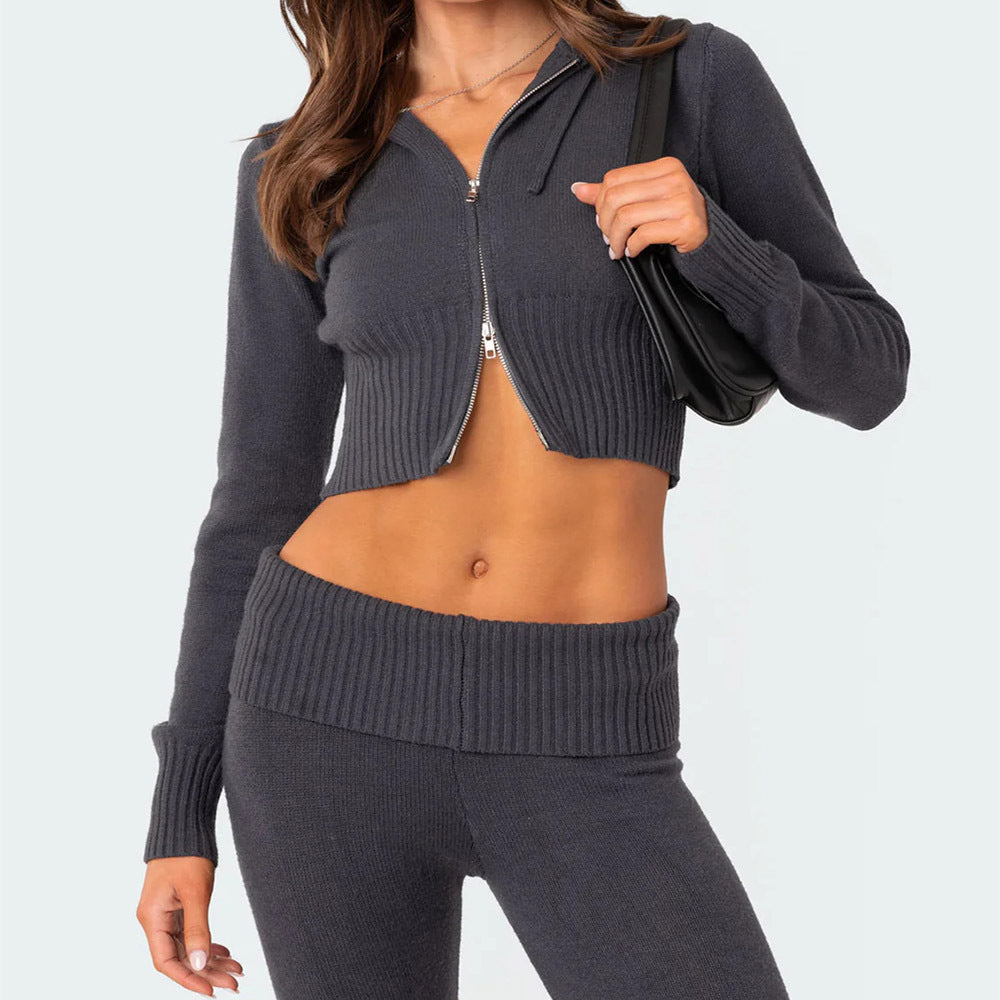 Ladies Knitted Hooded 2 Pcs Suit