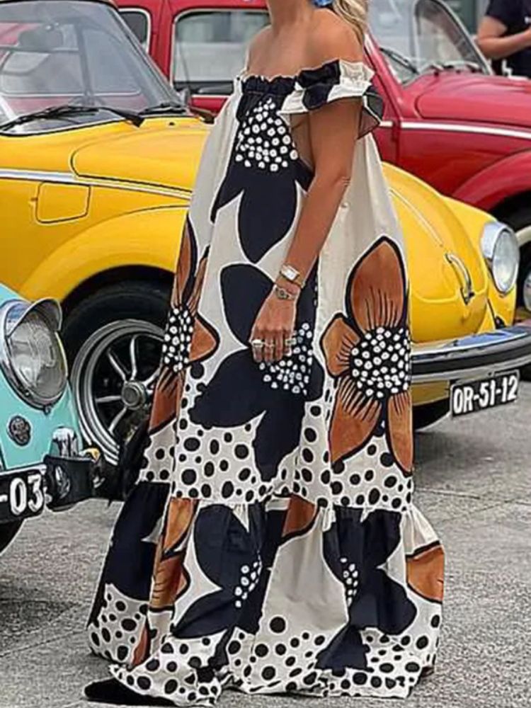 Off-The-Shoulder Long Printed  Dress
