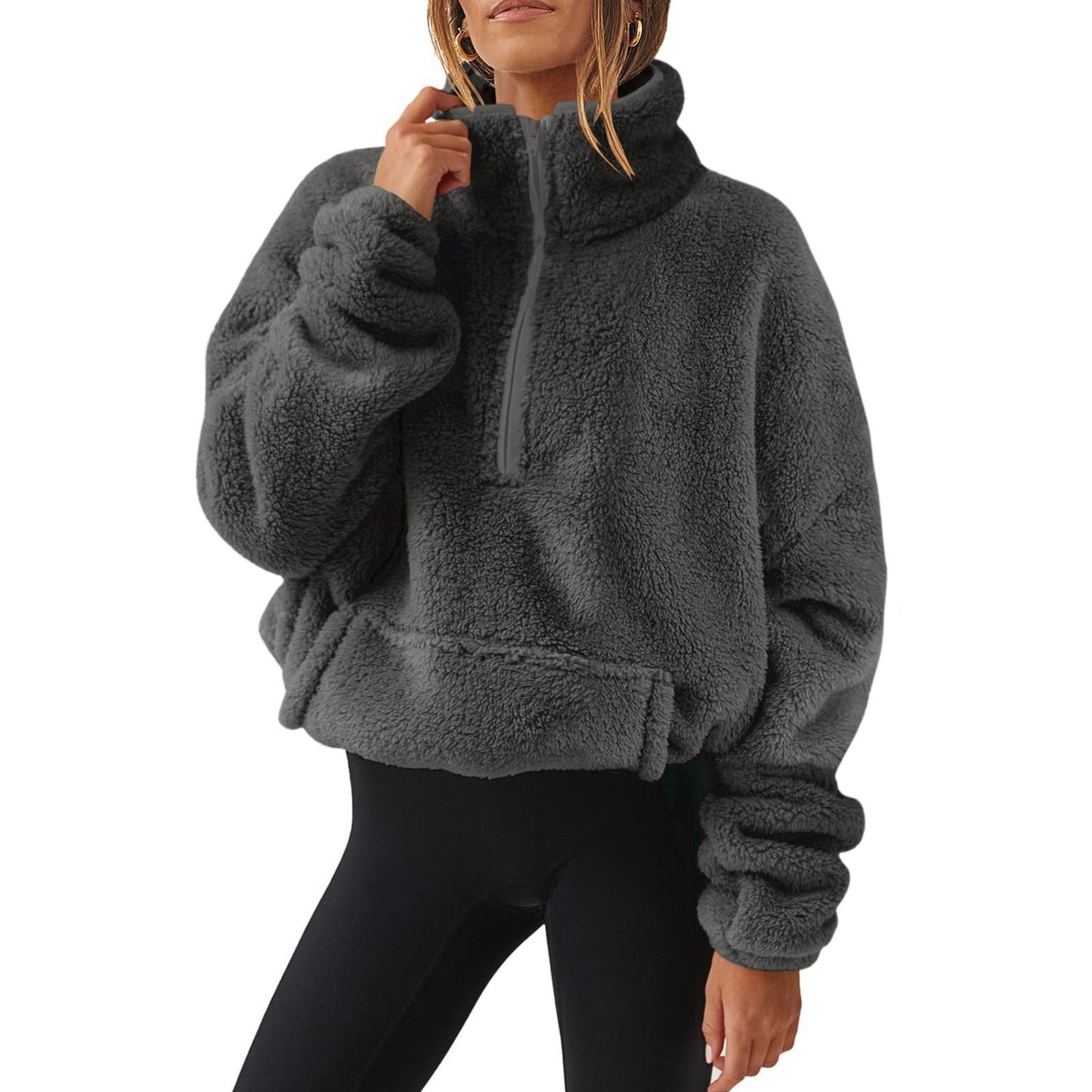Velvet Fleece-Lined Half Zipped Stand Collar Hoodie For Women