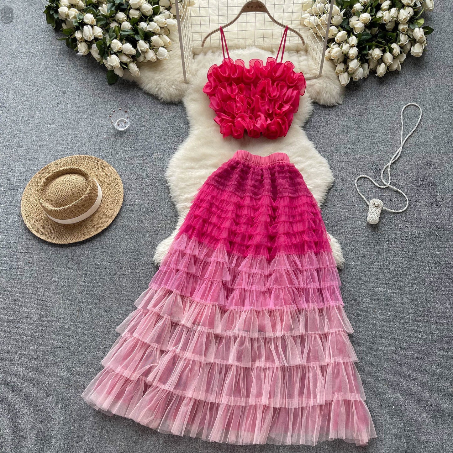 3-dimensional  Mesh Camisole Two-pcs Set