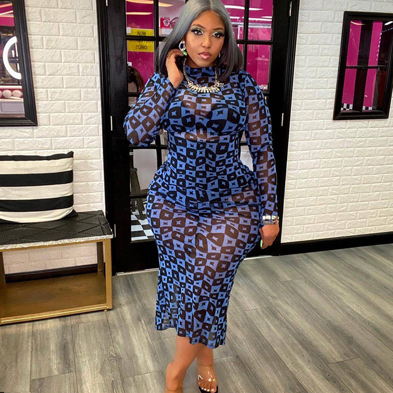 Mesh Printed Stand Collar Transparent Hip Wrap Mid Length Dress