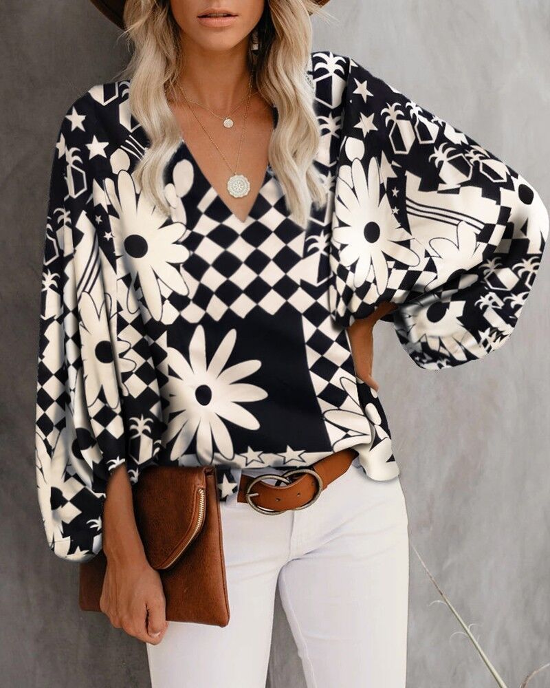 Printed Balloon Sleeve Blouse