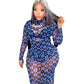 Mesh Printed Stand Collar Transparent Hip Wrap Mid Length Dress