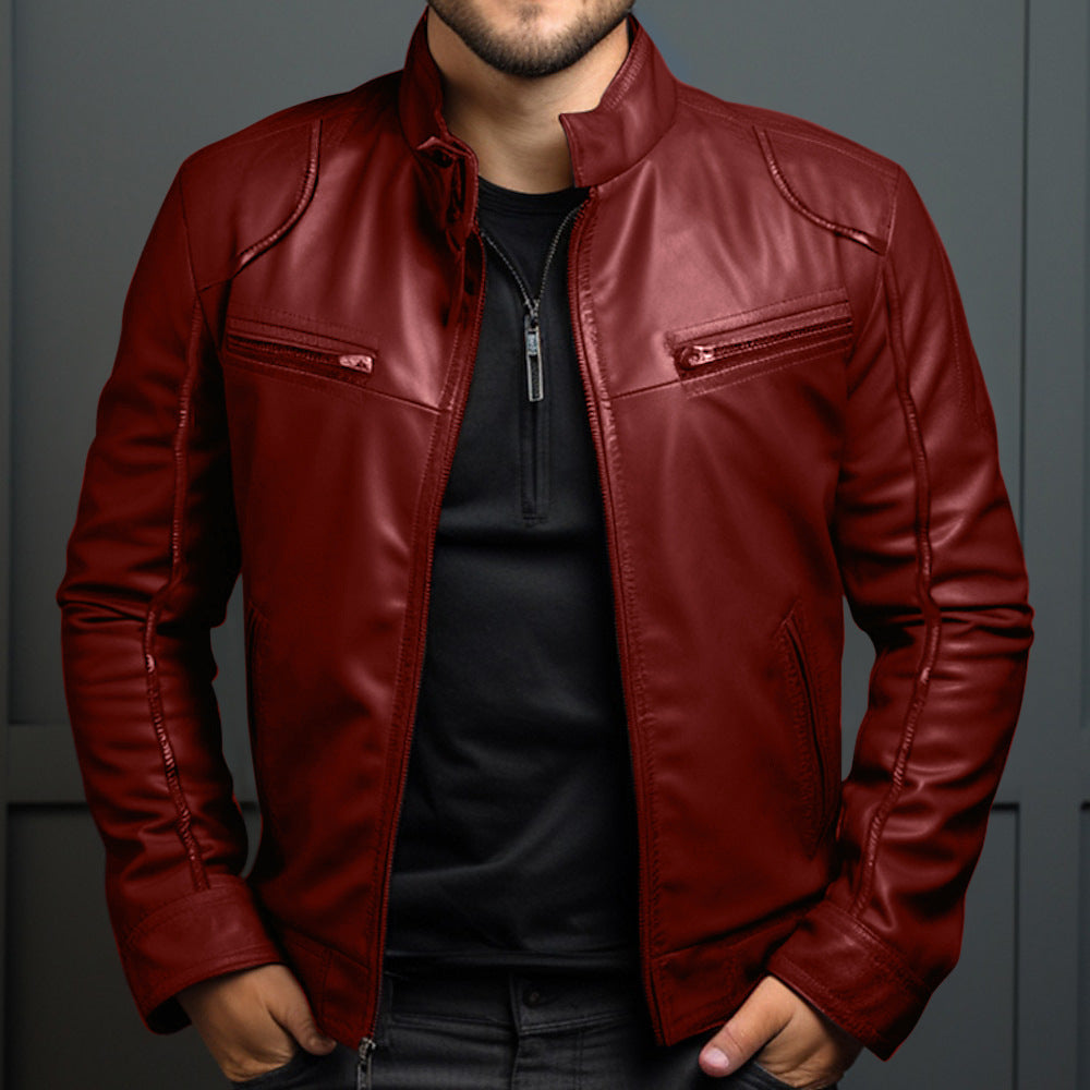 Stand Collar Motorcycle Leather Jacket For Men